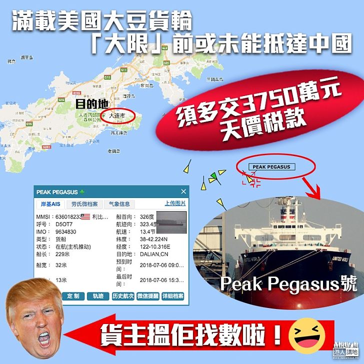 【貿易戰開火】美大豆貨輪疾馳 趕「大限」前抵大連港 若「過時」將被徵收3750萬天價關稅