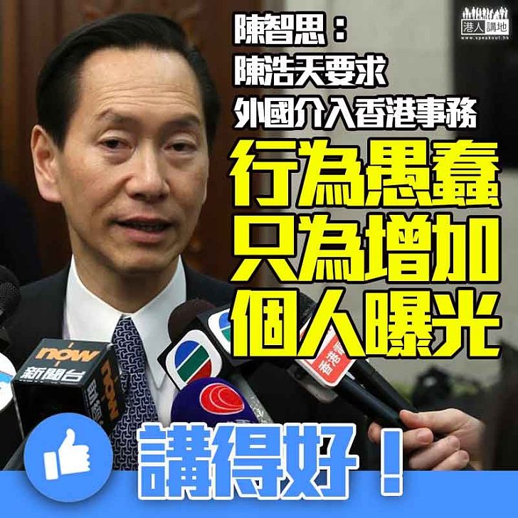 【挑起矛盾】陳智思批評陳浩天要外國介入香港事務行為愚蠢 對香港無好處 只為增加個人知名度