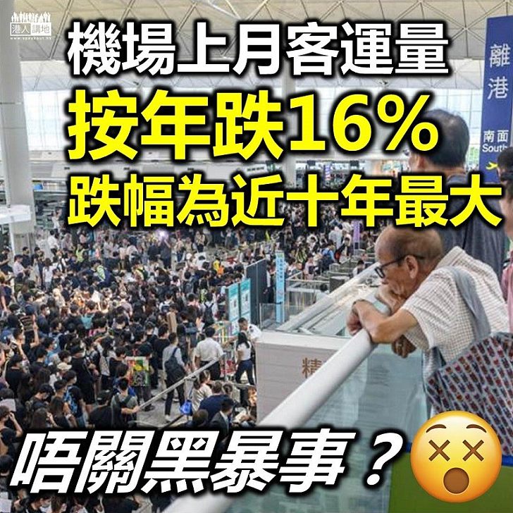 【黑暴禍港】機場上月客運量按年跌16% 跌幅為近十年最大