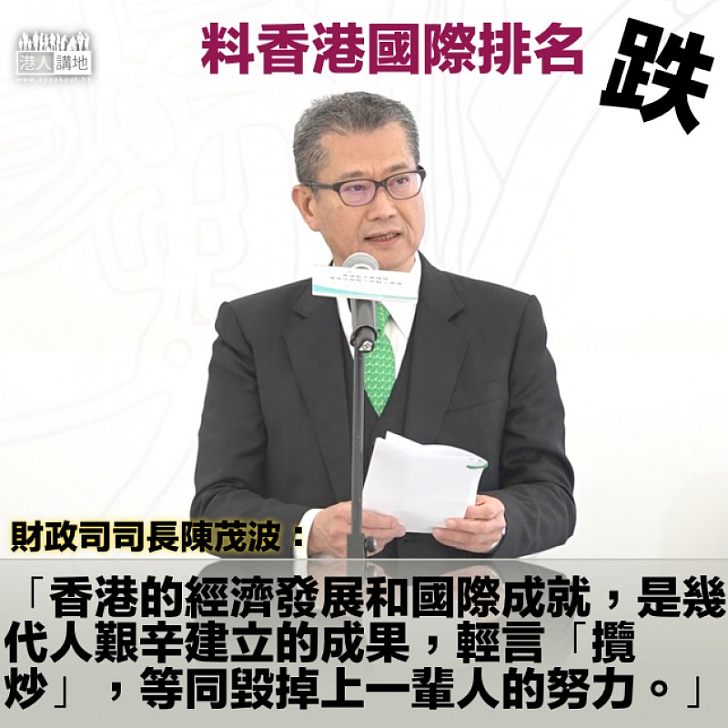 【毀壞成果】陳茂波預計香港國際排名下跌：大家認清暴力的危害，一同珍惜及維護香港這個家