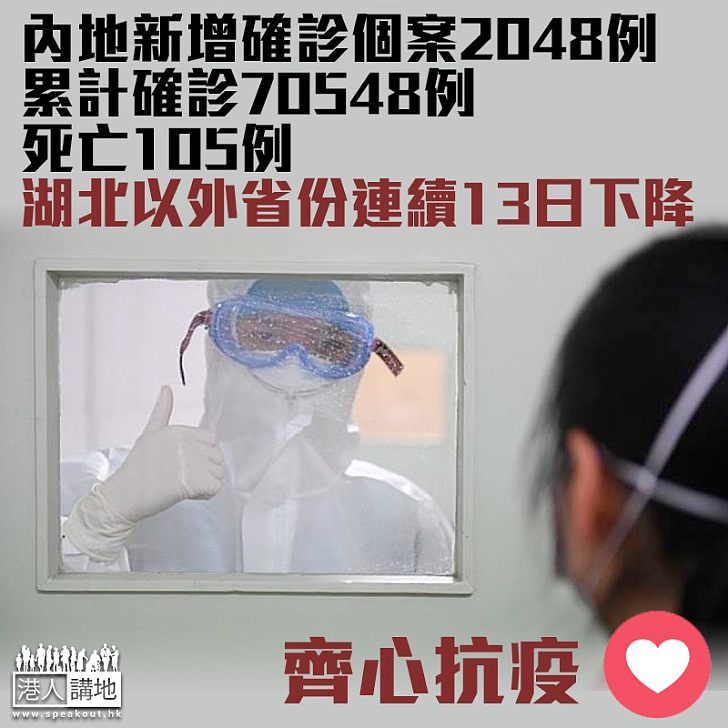 【新冠肺炎】內地新增確診個案2048例 累計確診70548例 死亡105例 香港新增1例