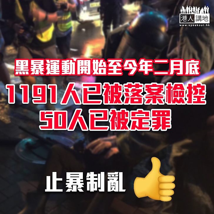 【繩之於法】反修例活動去年中爆發以來，警方至今年二月底共拘捕7549人，當中1191人已被落案檢控，50人已被定罪。