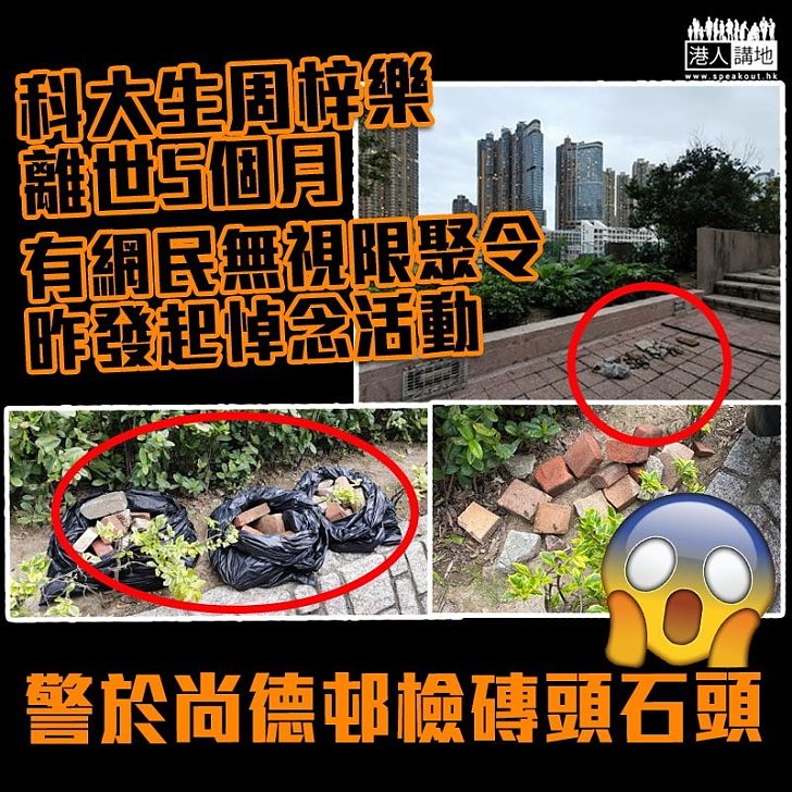 【黑暴拒收手】市民限聚令下悼周梓樂　警於尚德邨檢磚頭石頭