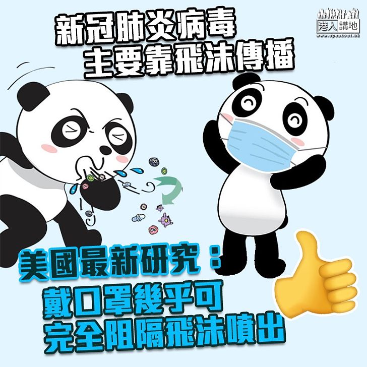 【為己為人】新冠肺炎病毒主要靠飛沫傳播 美國最新研究:戴口罩幾乎可完全阻隔飛沬噴出