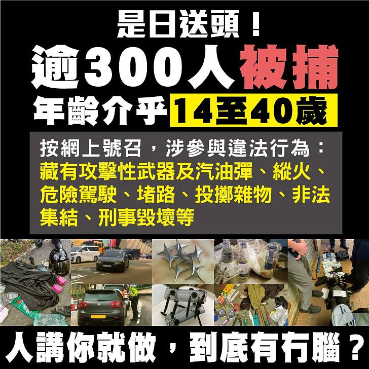 【今日網圖】是日送頭！逾300人被捕 年齡介乎14至40歲