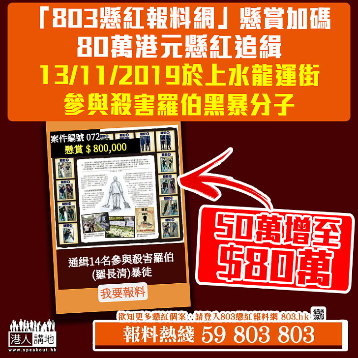 【懸紅緝兇】上水清潔工羅伯被磚擲中身亡 803懸紅報料網增至80萬緝兇