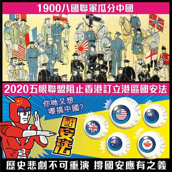 【今日網圖】1900八國聯軍瓜分中國 2020五眼聯盟圖阻「港區國安法」