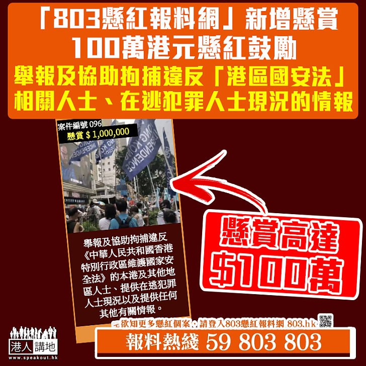 【追緝罪犯】「803懸紅報料網」新增懸賞項目 懸紅100萬元鼓勵舉報及協助拘捕違反「港區國安法」人士