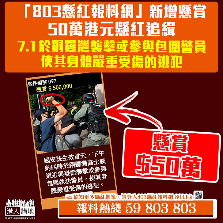 【追緝罪犯】「803懸紅報料網」新增懸賞項目 懸紅50萬元追緝興發街襲擊警員的逃犯