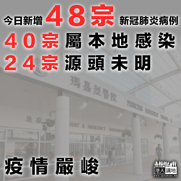 【新冠肺炎】本港今日新增48宗確診 40宗屬本地病例、24宗源頭未明