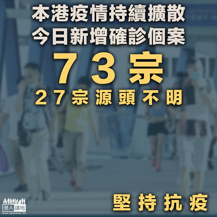 【新冠疫情】本港疫情持續擴散 今日新增確診個案73宗 27宗源頭不明