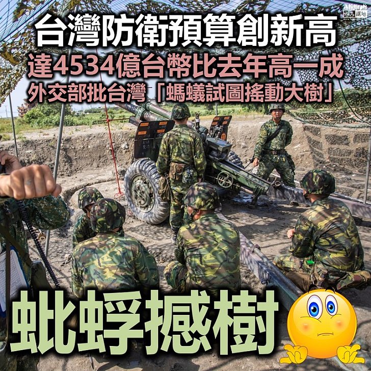 【可笑不自量】台灣防衛預算創新高達4534億台幣、外交部批台灣「螞蟻試圖搖動大樹」