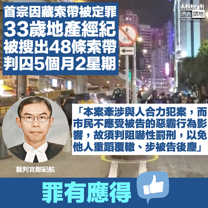 【首宗罪成】33歲地產經紀被搜出48條索帶 判囚5個月2星期