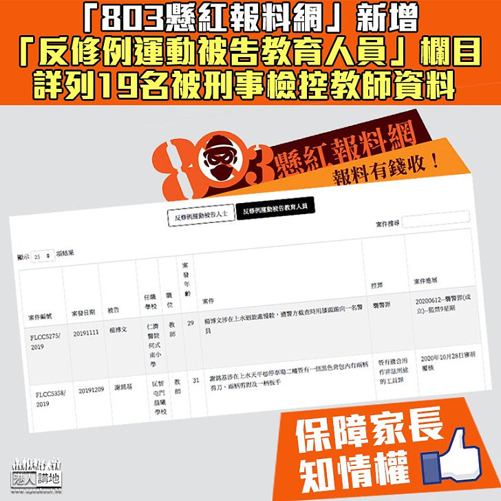 【一目了然】「803懸紅報料網」新增「反修例運動被告教育人員」欄目 詳列19被刑事檢控教師資料護家長知情權