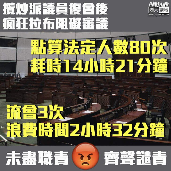 【瘋狂拉布】攬炒派議員復會後點人數達80次 虛耗逾14小時、致3次流會