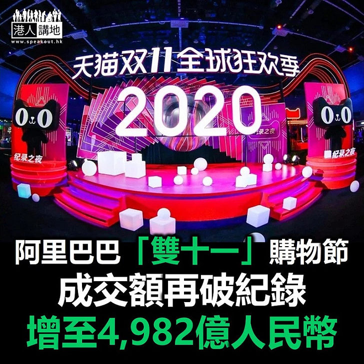 【已經復甦】阿里巴巴「雙十一」購物節成交額增至4,982億人民幣