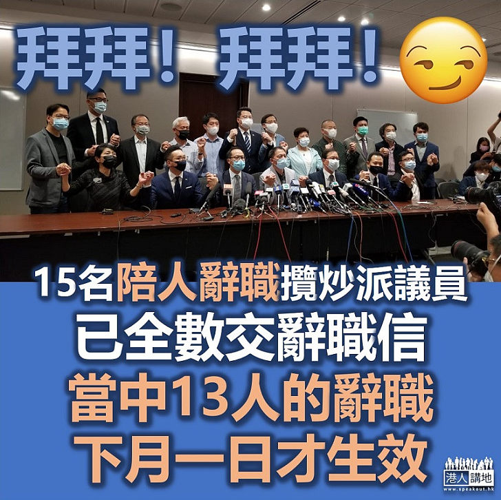 【永不再見】15名「陪人辭職」的攬炒派立法會議員已全數交辭職信 當中13人的辭職下月一日生效