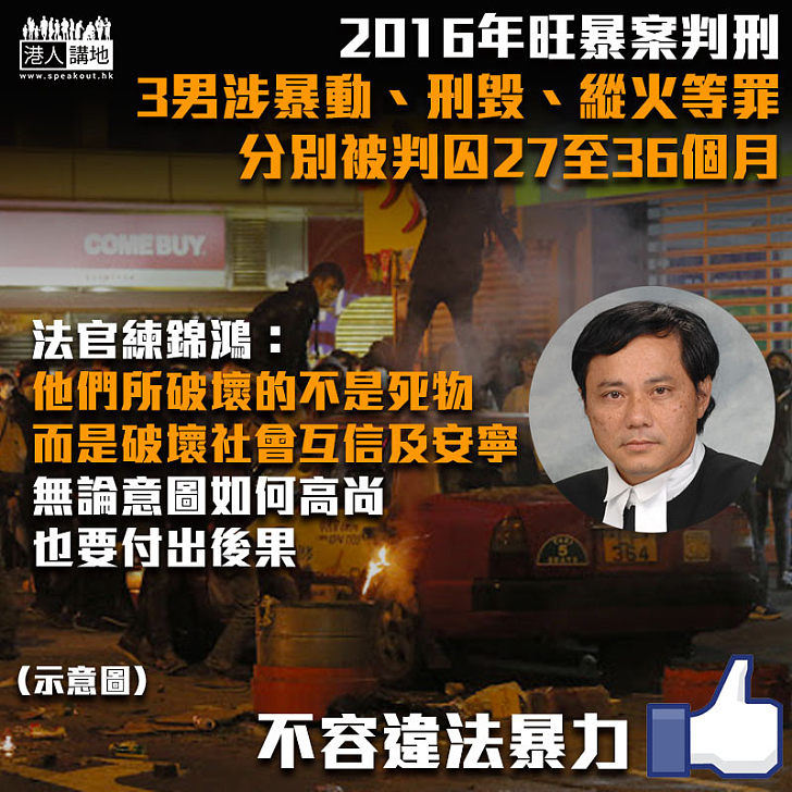 【旺暴案判刑】3男涉暴動、刑毀、縱火分別被判囚27至36個月 官斥：破壞的不是死物、而是社會互信及安寧