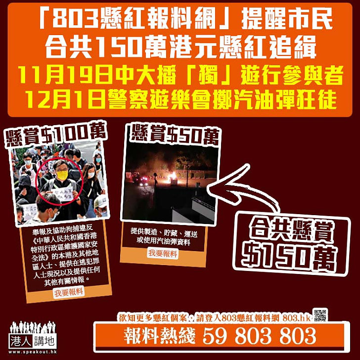 【懸賞緝拿】「803懸紅報料網」懸紅100萬元追緝中大播「獨」遊行參與者、懸紅50萬元捉拿汽油彈襲擊警察遊樂會暴徒