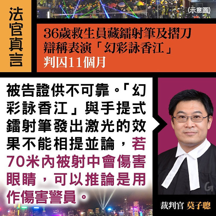 【今日網圖】法官真言：36歲救生員藏鐳射筆及摺刀判囚11個月