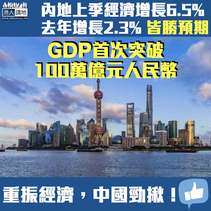 【經濟復蘇】內地上季經濟增長6.5%、去年增長2.3% 皆勝預期