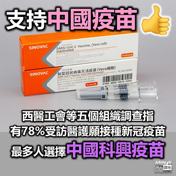 【明智選擇】西醫工會等五個組織調查指 有78%受訪醫護願接種新冠疫苗、最多人選擇中國科興疫苗