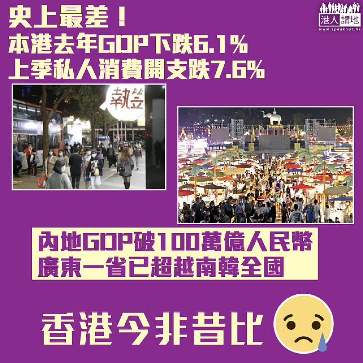【香港經濟】本港去年GDP下跌6.1%史上最差 上季私人消費開支大跌7.6%