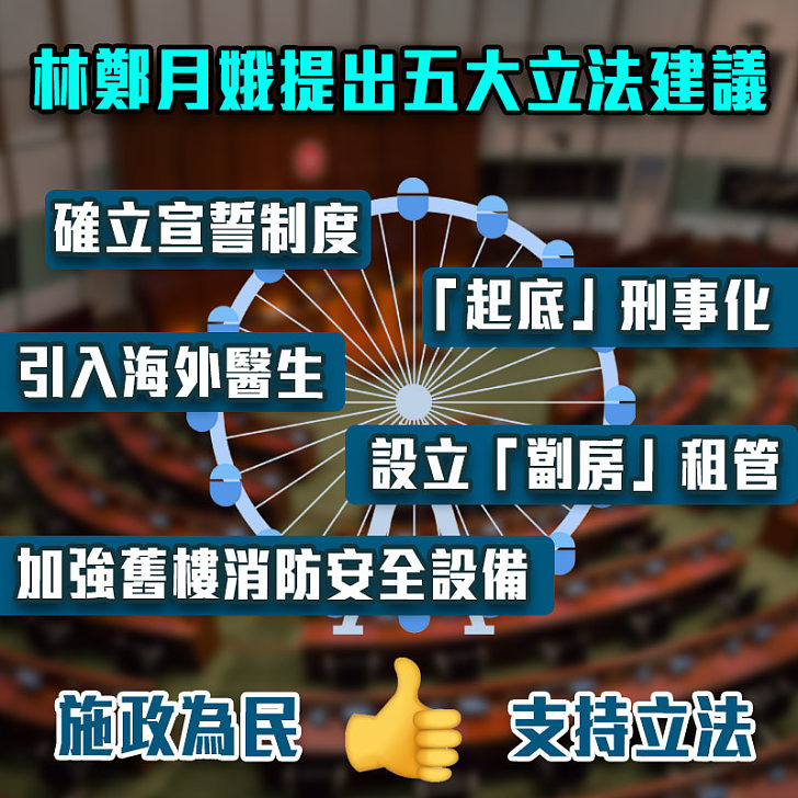 【施政為民】特首林鄭月娥公布本立法年度五大立法建議 確立宣誓制度、引入海外醫生、設立「劏房」租管、加強舊樓消防安全設備、立法打擊「起底」及假新聞