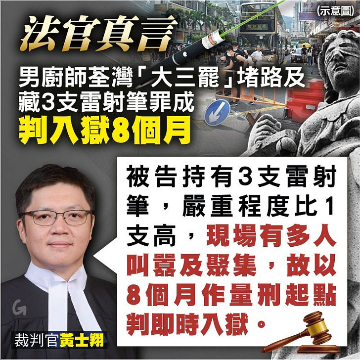 【今日網圖】法官真言：男廚師荃灣堵路及藏3支雷射筆罪成囚8個月