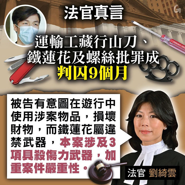 【今日網圖】法官真言：運輸工藏行山刀、鐵蓮花及螺絲批判囚9個月