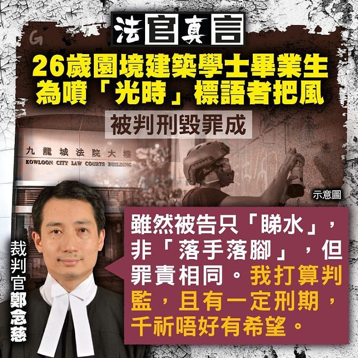 【今日網圖】法官真言：26歲園境建築學士畢業生為噴「光時」標語者把風 被判刑毀罪成