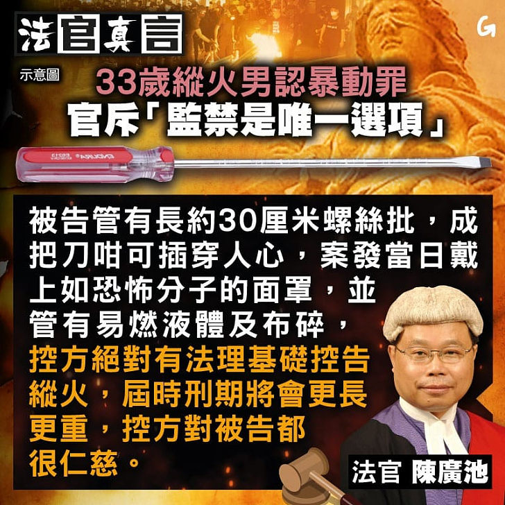 【今日網圖】33歲縱火男認暴動罪 官斥「監禁是唯一選項」