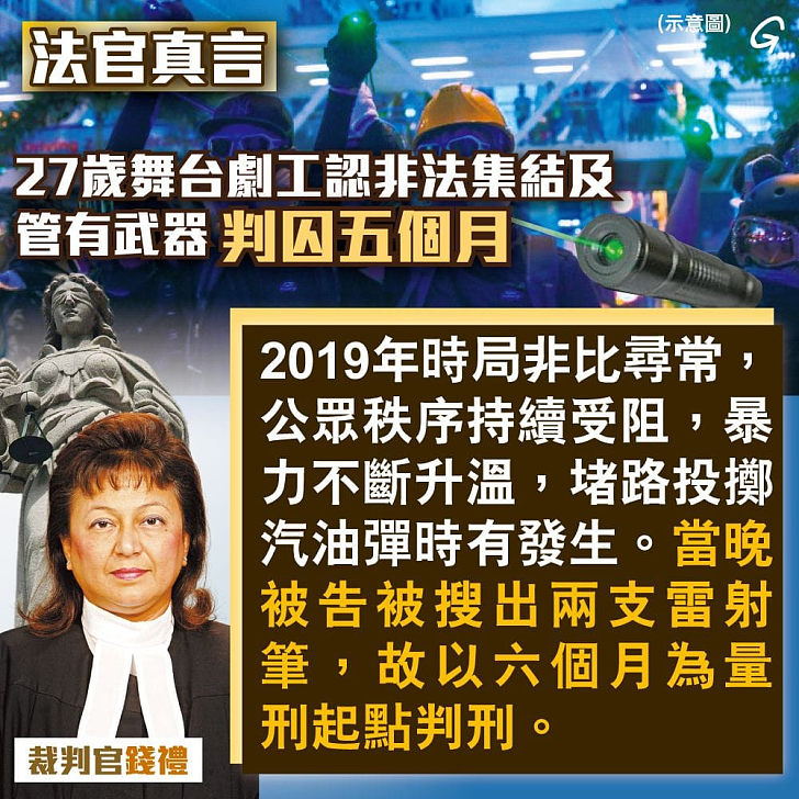 【今日網圖】法官真言：27歲舞台劇工認非法集結及管有武器判囚五個月