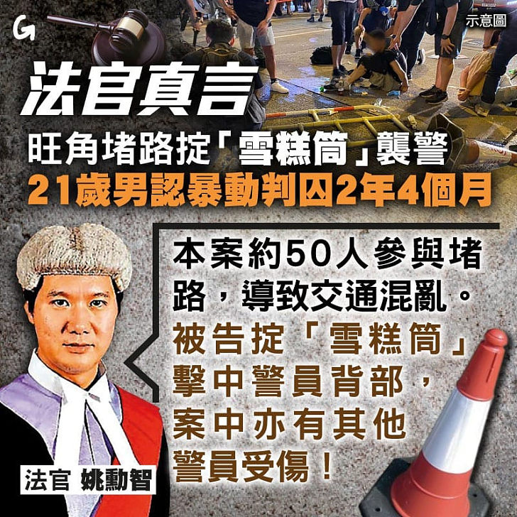 【今日網圖】法官真言：旺角堵路掟「雪糕筒」襲警21歲男認暴動判囚2年4個月