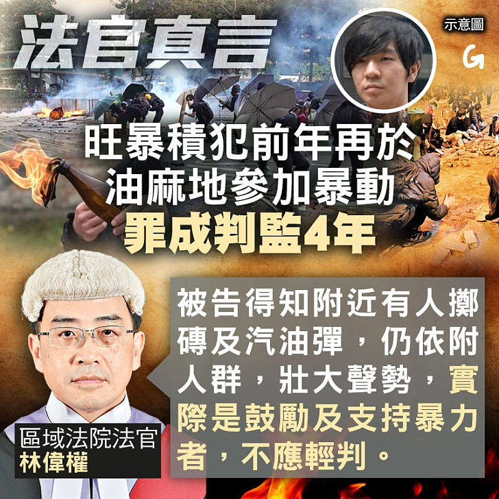 【今日網圖】法官真言：旺暴積犯前年再於油麻地參加暴動罪成判監4年