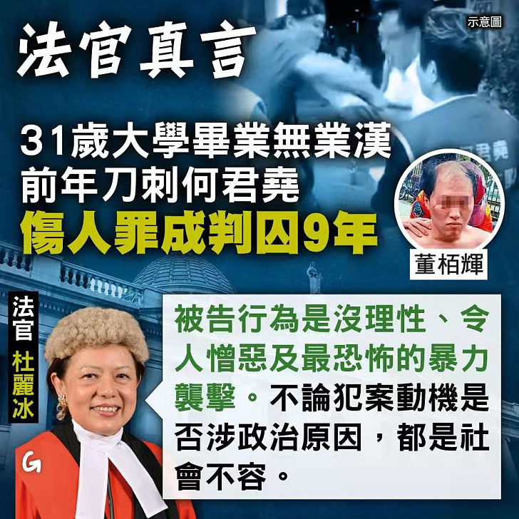 【今日網圖】法官真言：31歲大學畢業無業漢前年刀刺何君堯 傷人罪成判囚9年