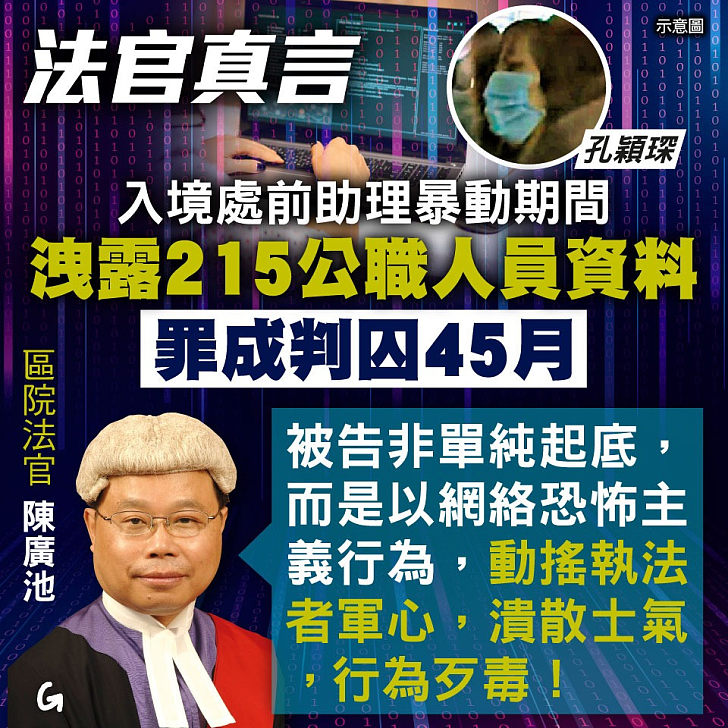 【今日網圖】法官真言：入境處前助理洩215公職人員資料 罪成判囚45月