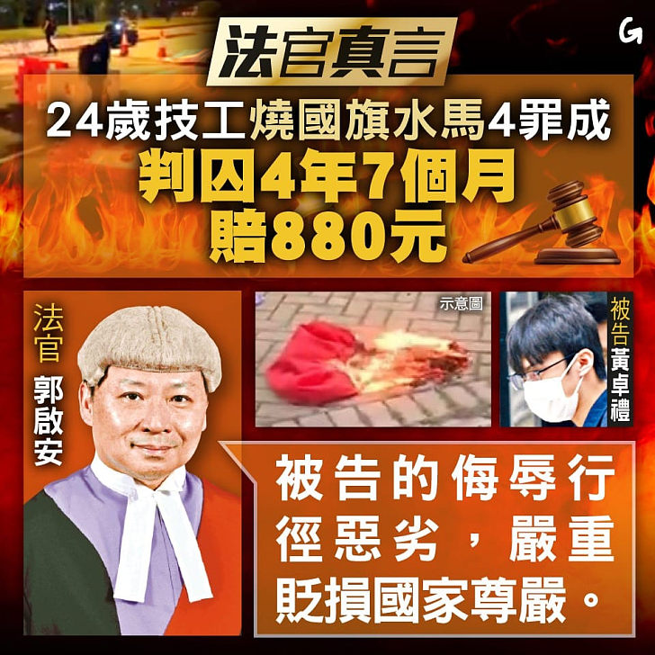 【今日網圖】法官真言：24歲技工燒國旗水馬4罪成 判囚4年7個月賠880元