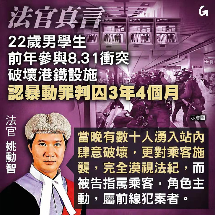 【今日網圖】法官真言：22歲男學生前年參與8.31衝突、破壞港鐵設施 認暴動罪判囚3年4個月