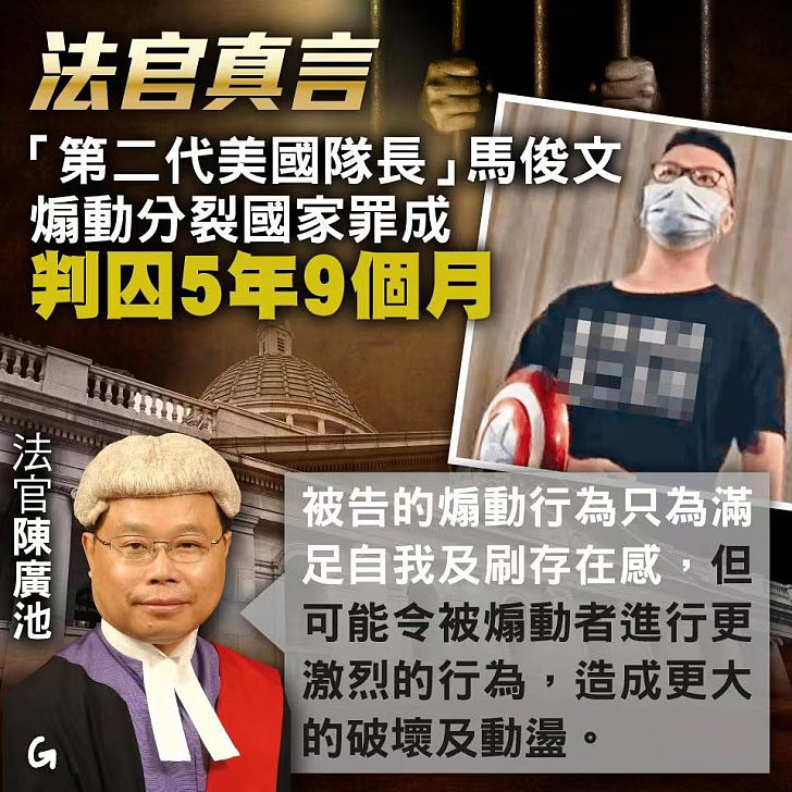 【今日網圖】法官真言 「第二化代美國隊長」馬俊文 煽動分裂國家罪成 判囚5年9個月