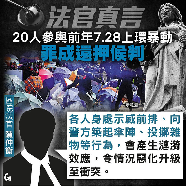 【今日網圖】法官真言：20人參與前年7.28上環暴動 罪成還押候判