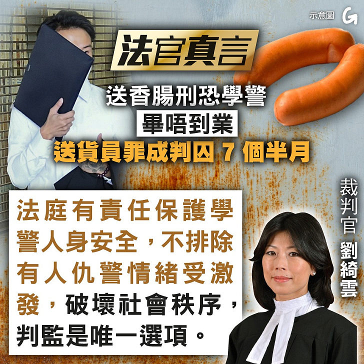 【今日網圖】法官真言：送香腸刑恐學警「畢唔到業」 送貨員罪成判囚7個半月