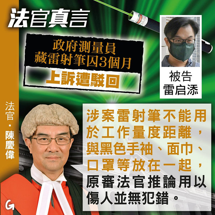 【今日網圖】法官真言：政府測量員藏雷射筆囚3個月 上訴遭駁回