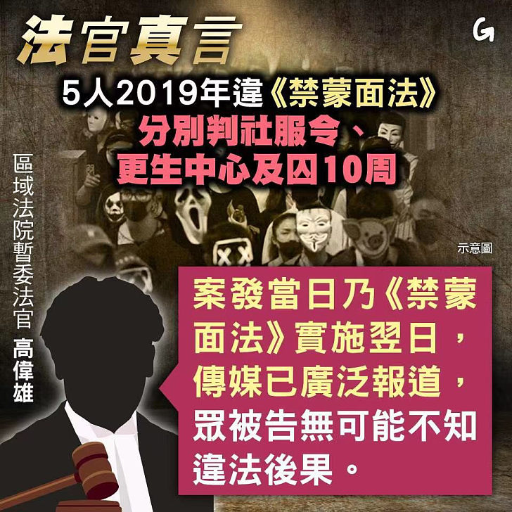 【今日網圖】法官真言：5人2019年違《禁蒙面法》 分別判社服令、更生中心及囚10周