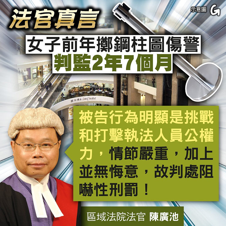 【今日網圖】法官真言：女子前年擲鋼柱圖傷警判監2年7個月