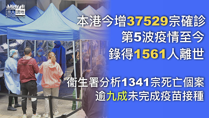 【第五波疫情】今增37529宗確診 第五波共1561宗死亡個案 衞生署分析1341宗死亡個案 逾九成未完成疫苗接種