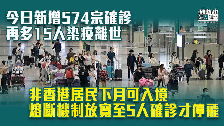 【今日疫情】今日新增574宗確診 再多15人染疫離世 非香港居民下月可入境 熔斷機制放寬至5人確診才停飛