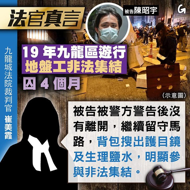 【今日網圖】法官真言：19年九龍區遊行 地盤工非法集結 囚4個月