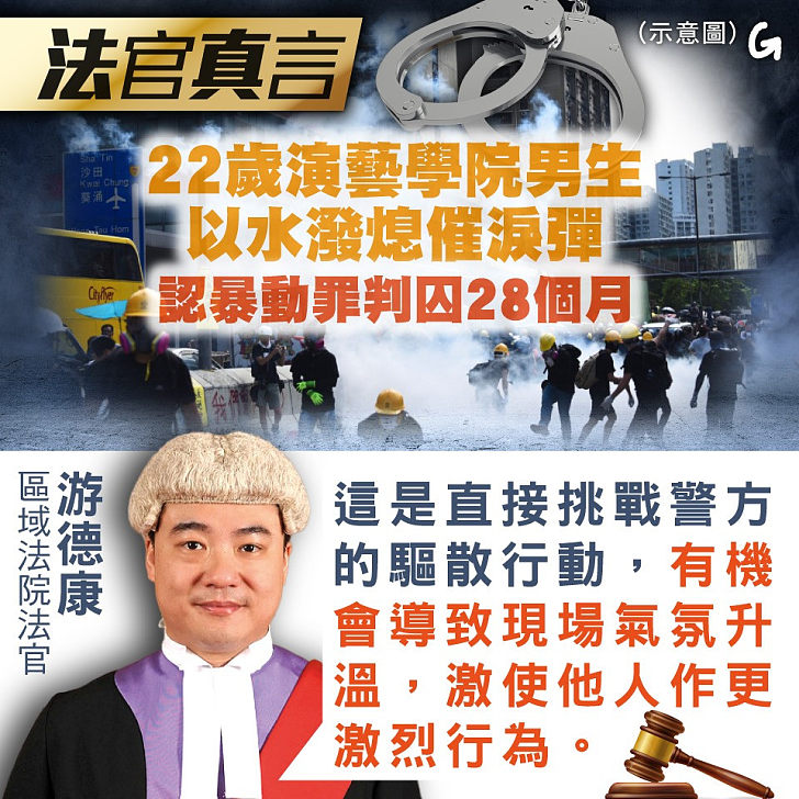 【今日網圖】法官真言：22歲演藝學院男生以水潑熄催淚彈 認暴動罪判囚28個月