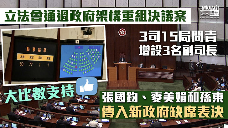 【大比數支持】立法會通過政府架構重組決議案 張國鈞等傳入新政府缺席表決